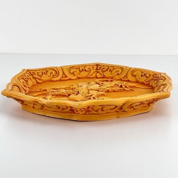 Vintage Chinese Dragon Themed Cinnabar Yellow Plate Asian Art - Picture 4 of 9